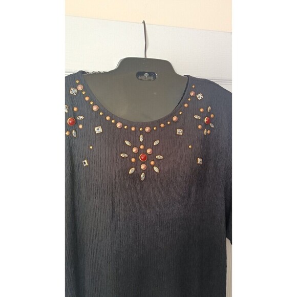 Grove Avenue Crinkled Tunic Top Size 20W Black Beaded Jeweled Stones Vintage USA - Picture 4 of 10